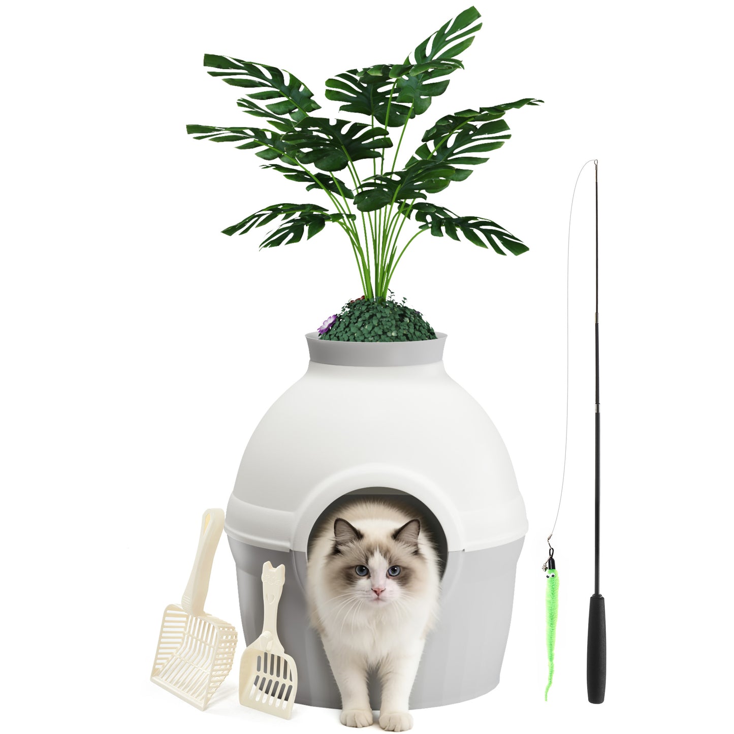 Mondeer Katzenklo mit Deckel und Blumentopf, Katzentoilette Versteckt XXL mit Pflanze, 2 Schaufel, Verstellbarer Katzenspielzeug, für Wohnzimmer Schlafzimmer Ecke, Grau