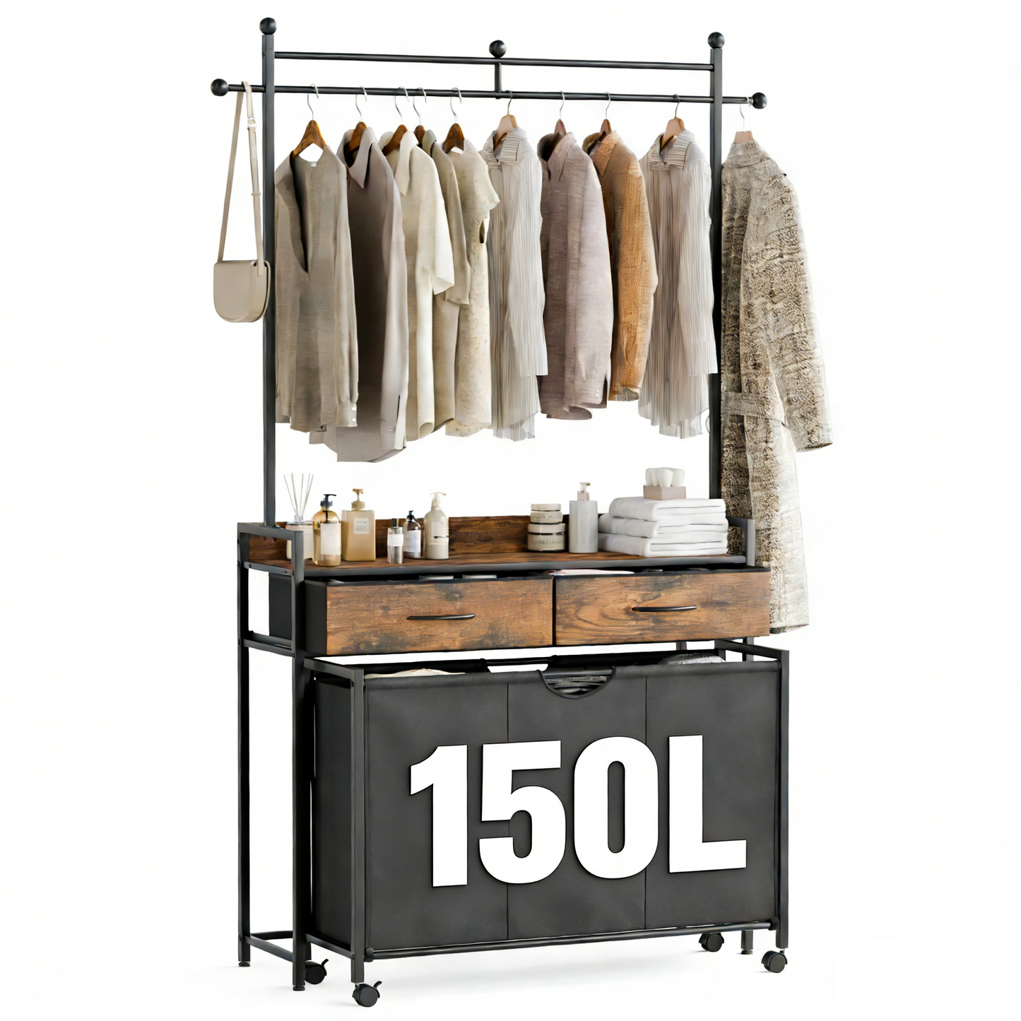Laundry Sorter with 2 Drawers, 150L Laundry Hamper with Pull-Out Rolling Bag and Hanging Rack, Laundry Basket Organizer for Bathroom, Rustic Brown and Black