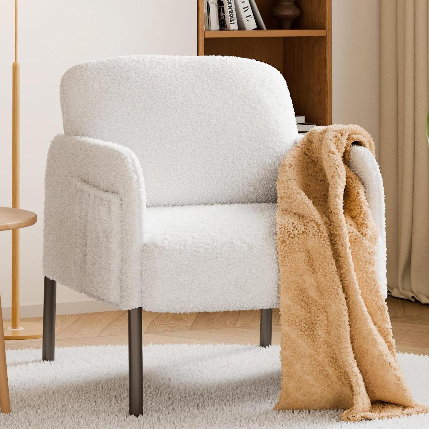 Modern Accent Chair, Boucle Living Room Chair with Soft Upholstered and Storage Bag Metal Legs for Living Room Bedroom Waiting Room, White