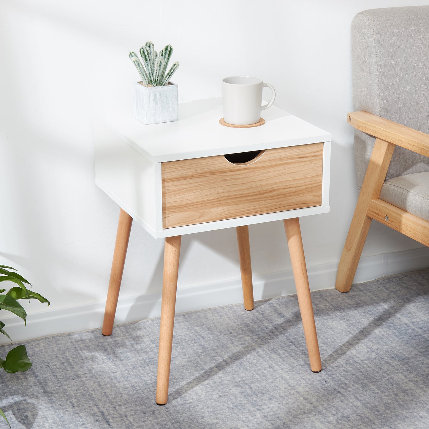 Modern Storage Cabinet, White and Oak Color Matching, Single Drawer