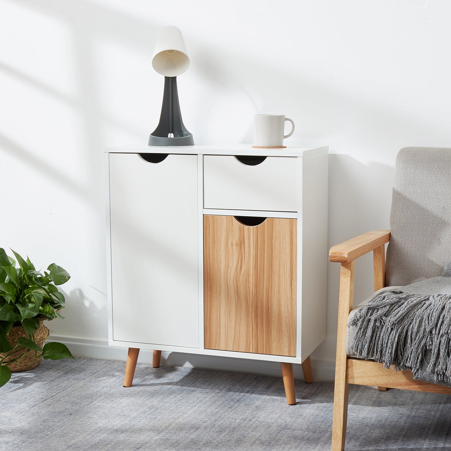 Modern Storage Cabinet, White and Oak Color Matching, 2 Doors and Single Drawer