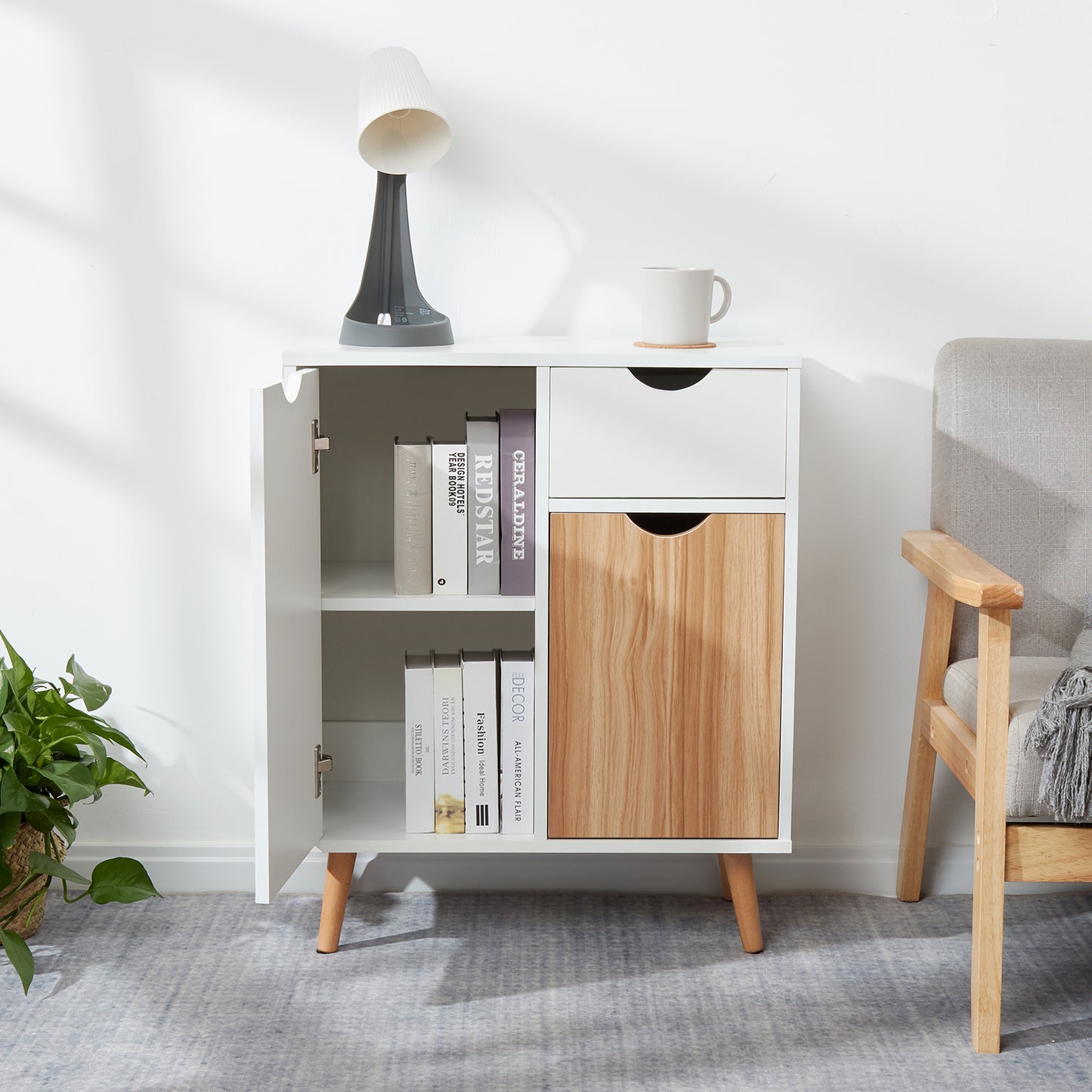 Modern Storage Cabinet, White and Oak Color Matching, 2 Doors and Single Drawer