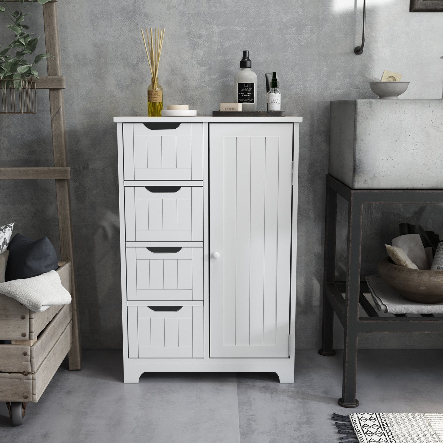 Simple Bathroom Cabinet, White Color, Single Door and 4 Drawers