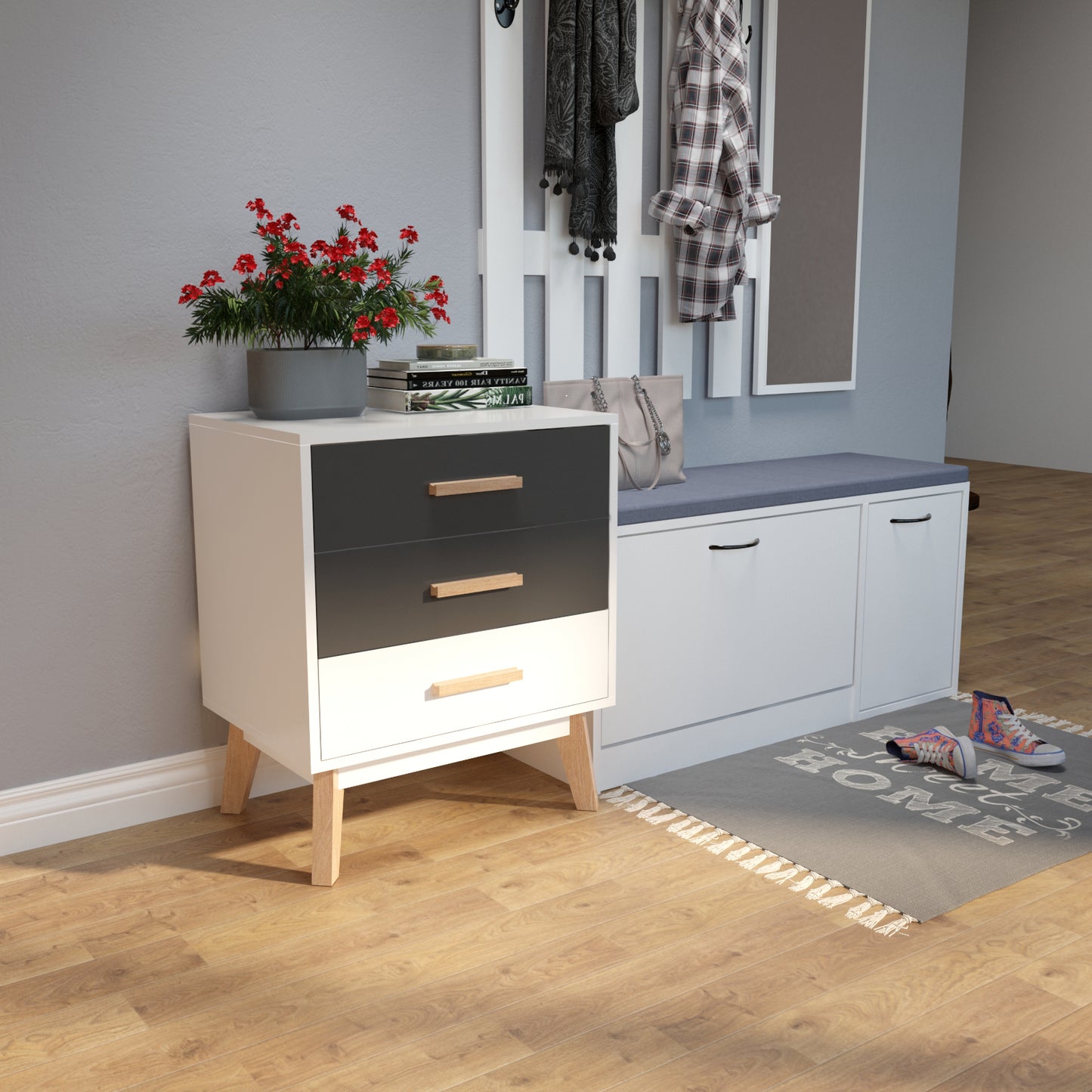 Storage Cabinet, White and Grey, with 3 Drawers