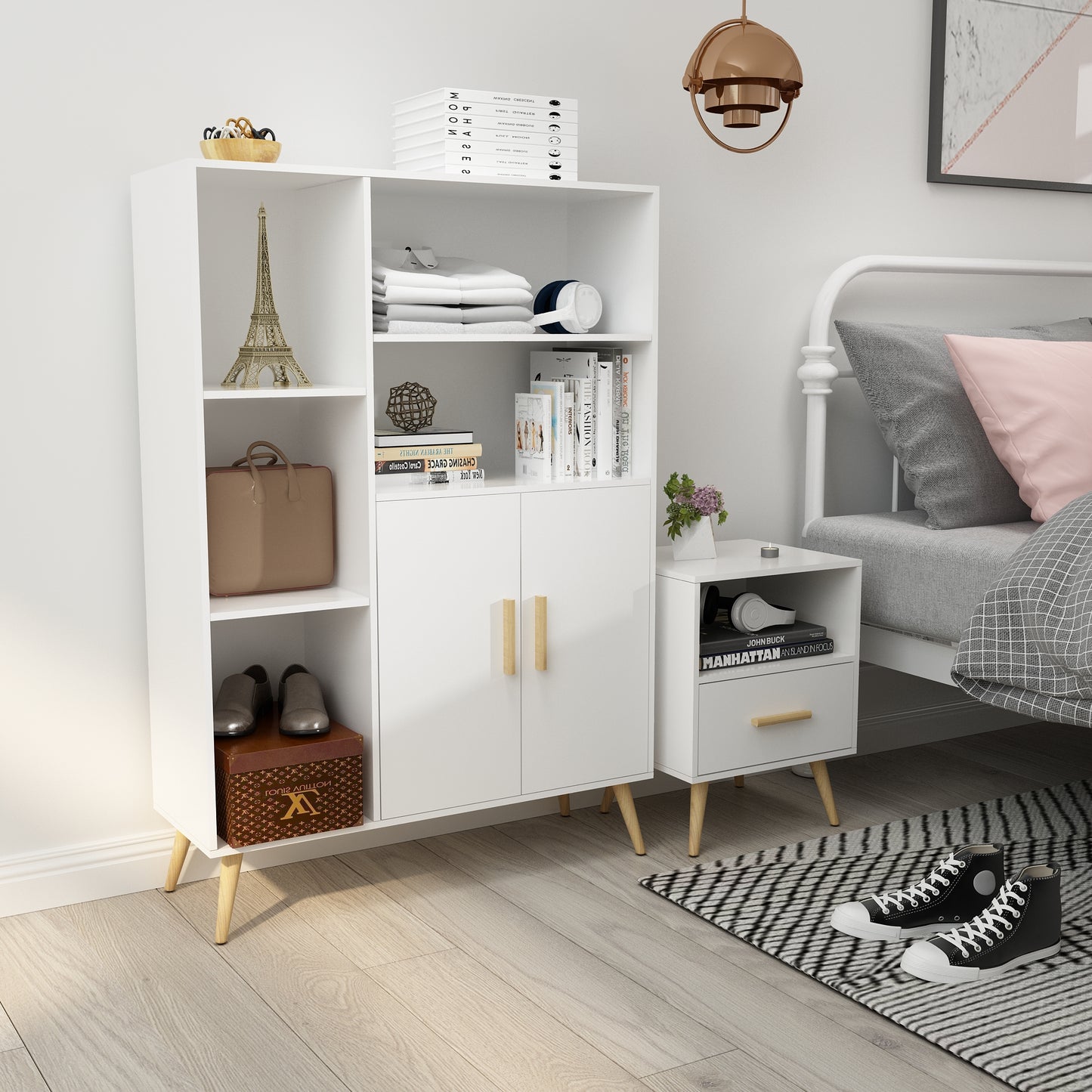 Modern Storage Cabinet, White Color, Adjustable Partitions