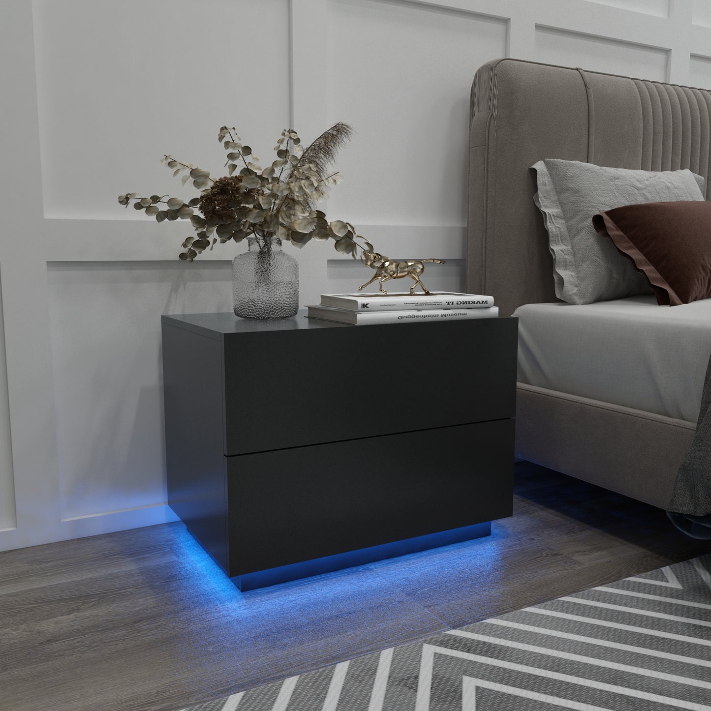 Bedside Table, LED Bedside Cabinet with 2 Drawers High Gloss with USB Light