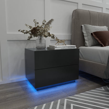 Bedside Table, LED Bedside Cabinet with 2 Drawers High Gloss with USB Light