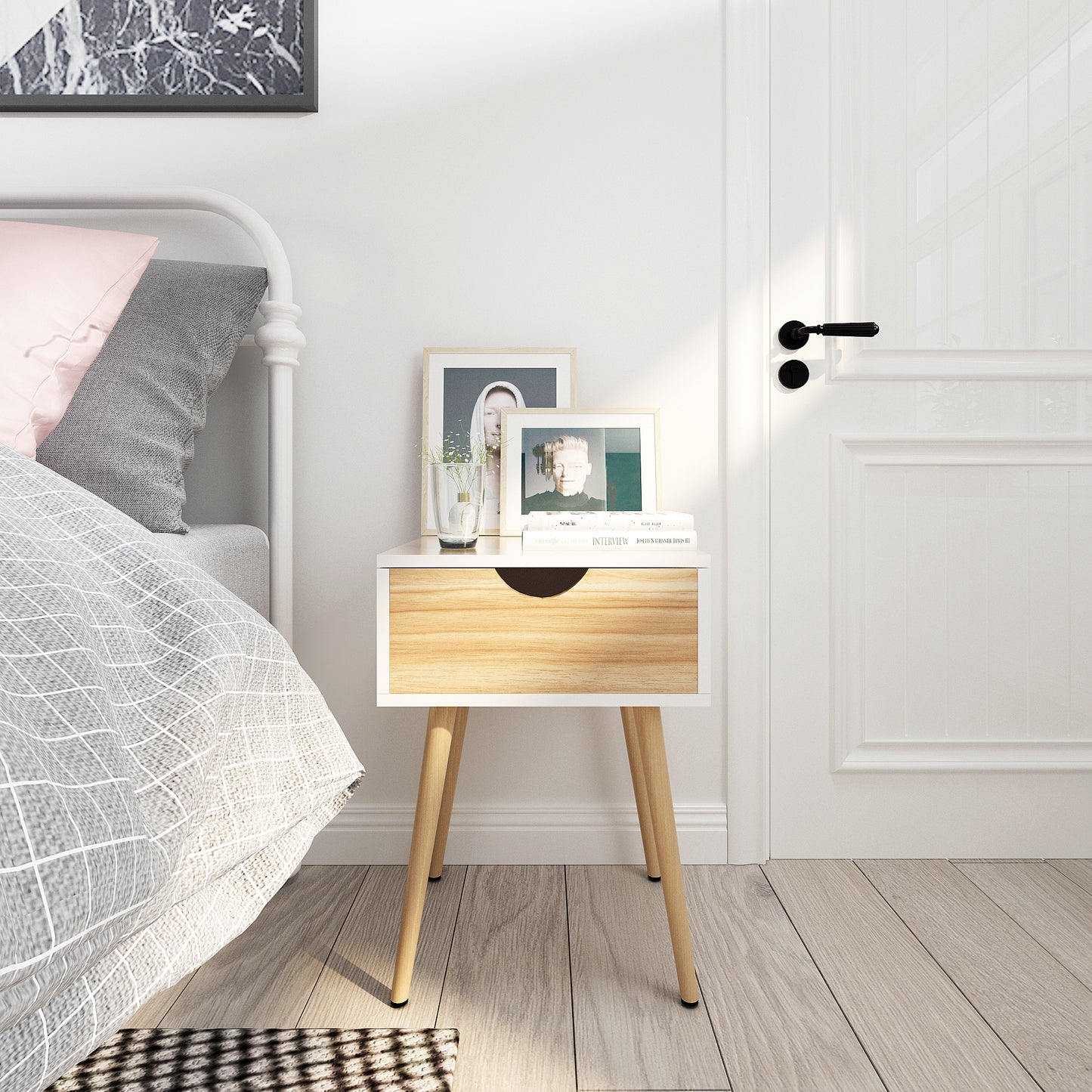 Modern Storage Cabinet, White and Oak Color Matching, Single Drawer