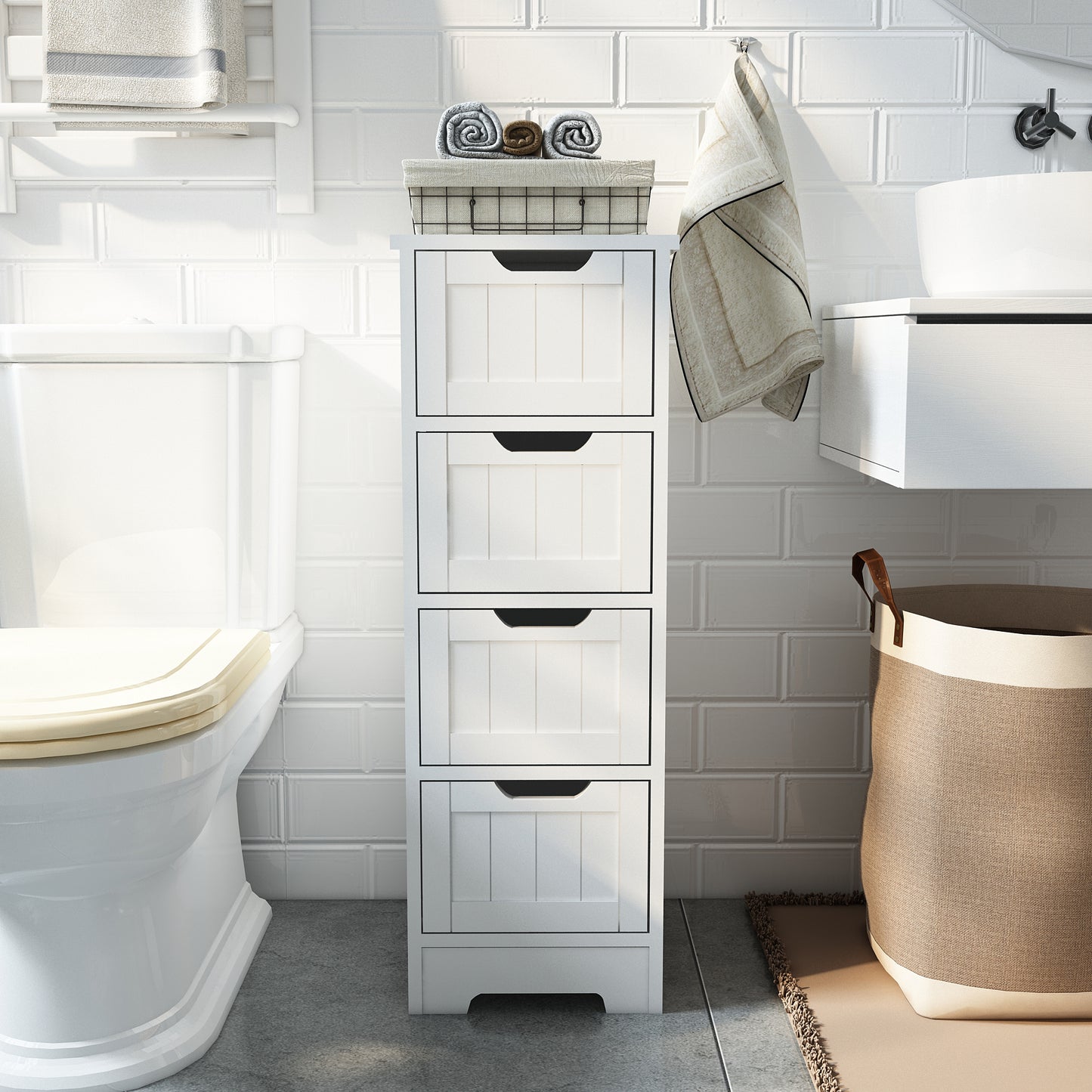 Simple Bathroom Cabinet, White Color, Single Raw and 4 Drawers