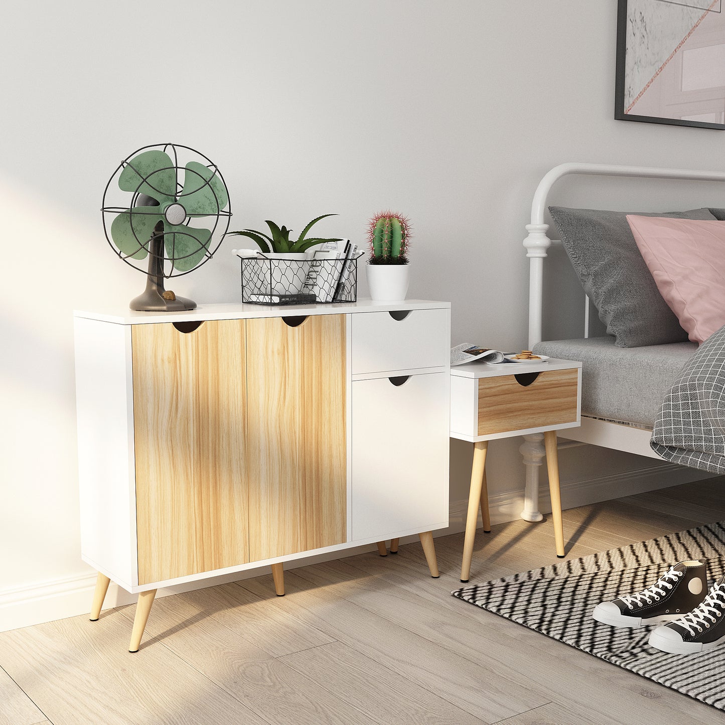 Modern Storage Cabinet, White and Oak Color Matching, Single Drawer