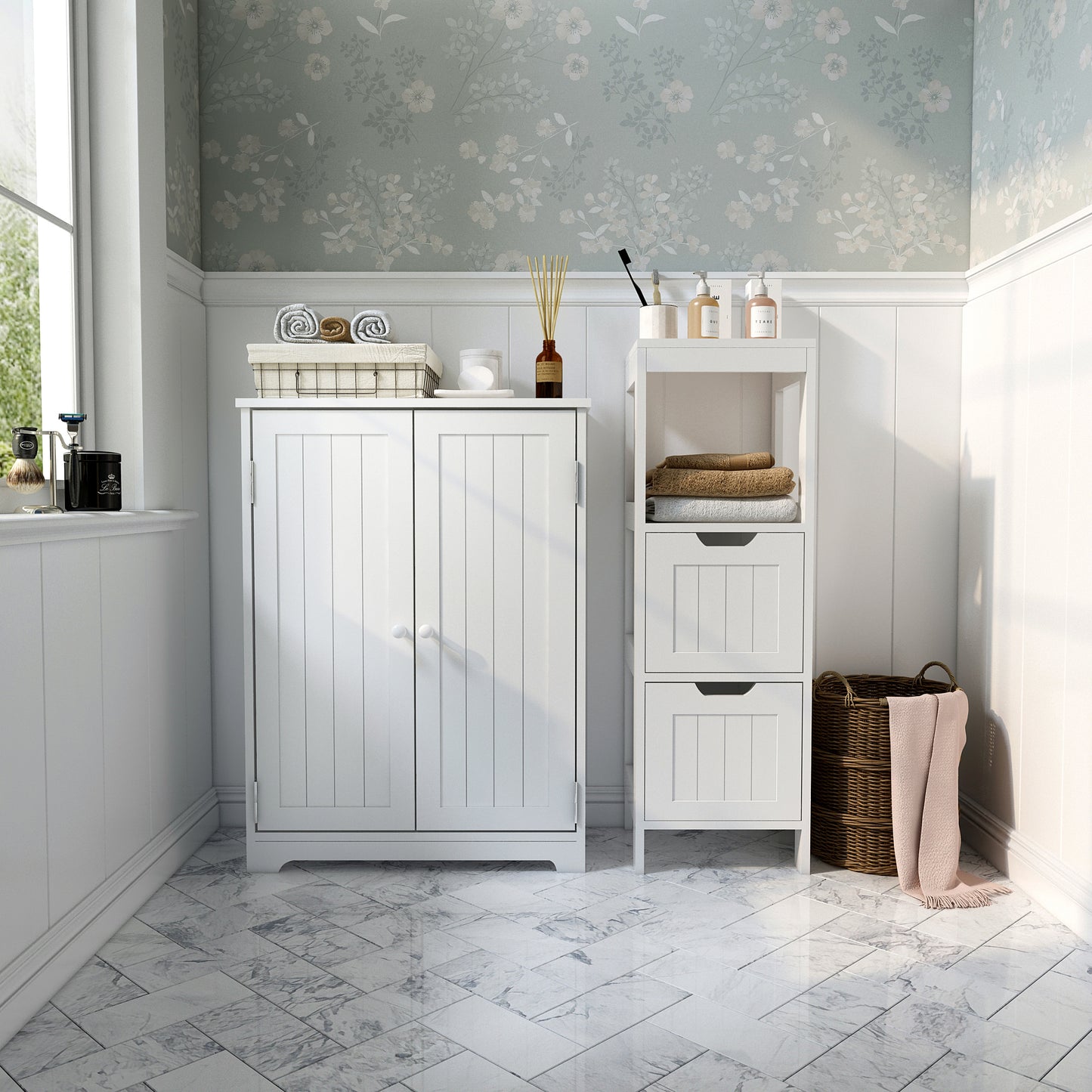 Simple High Bathroom Cabinet, White Color, 2 Doors