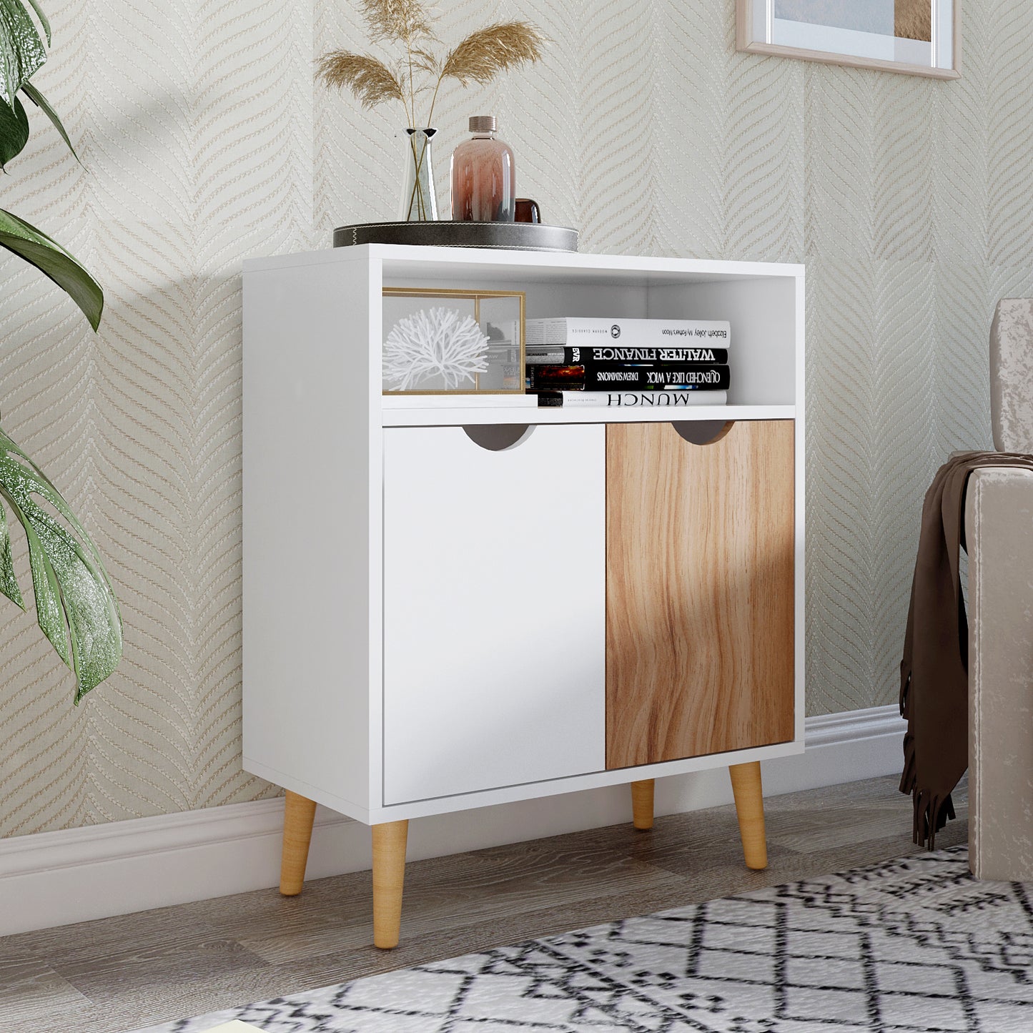 Storage Cabinet, White and Oak, with 2 Doors, Solid Wood Legs