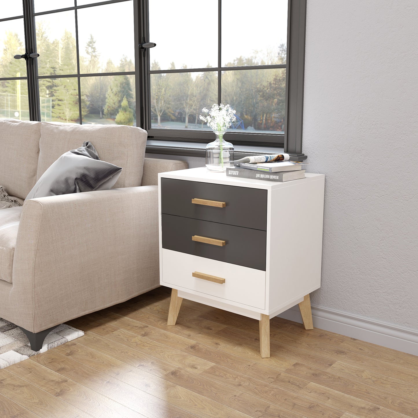 Storage Cabinet, White and Grey, with 3 Drawers