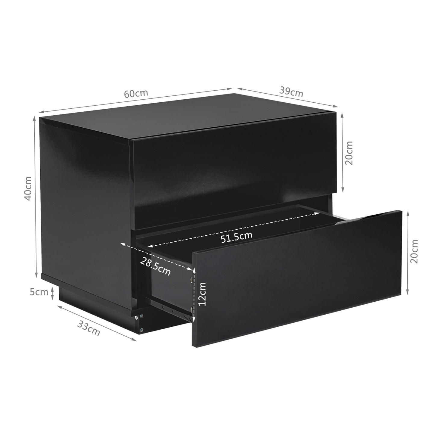 Bedside Table, LED Bedside Cabinet with 2 Drawers High Gloss with USB Light