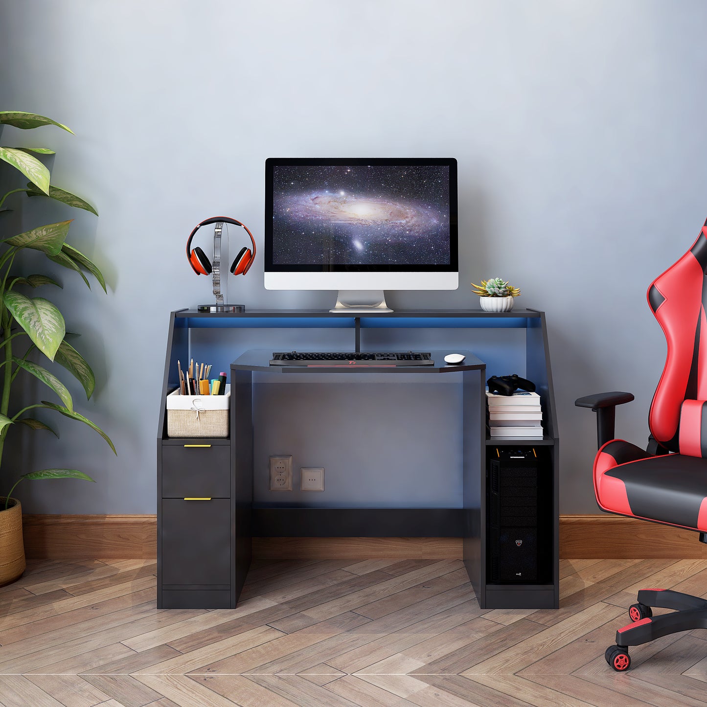 LED Computer Table, Black colour, with 2 Doors