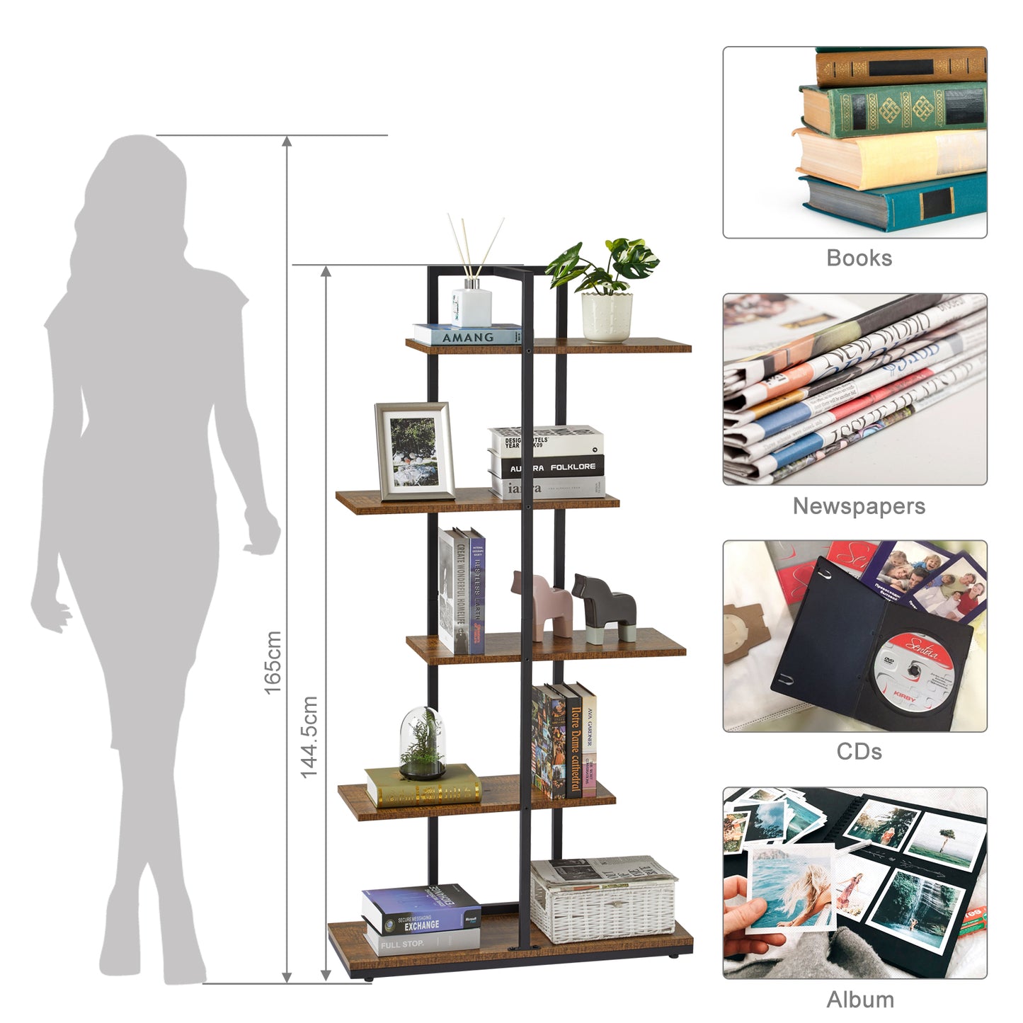 Bookcase, Brown, 5 Tier Asymmetric Split Level Storage Shelf