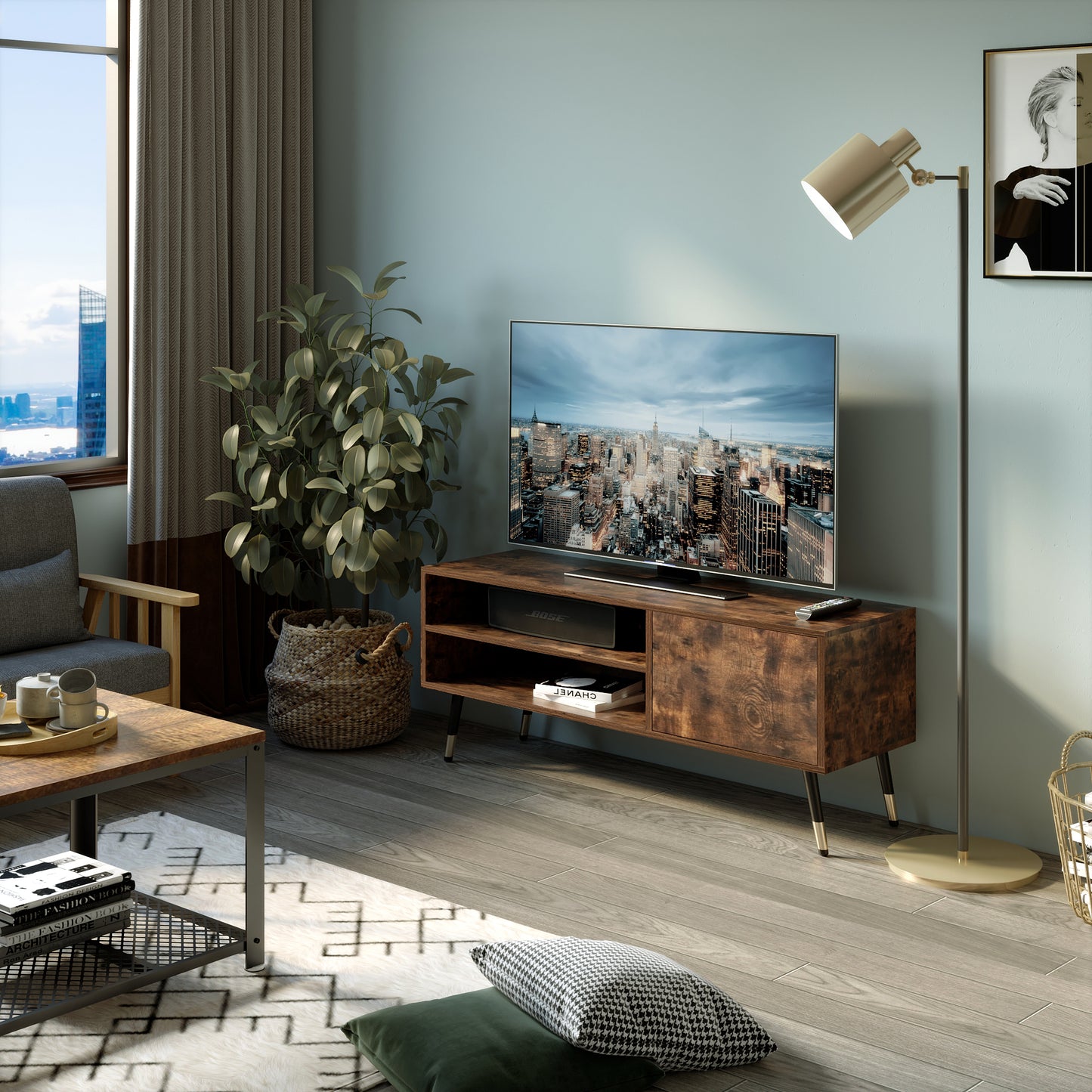 Retro and Industrial TV Cabinets, Antique Wood Grain Color, Single Door