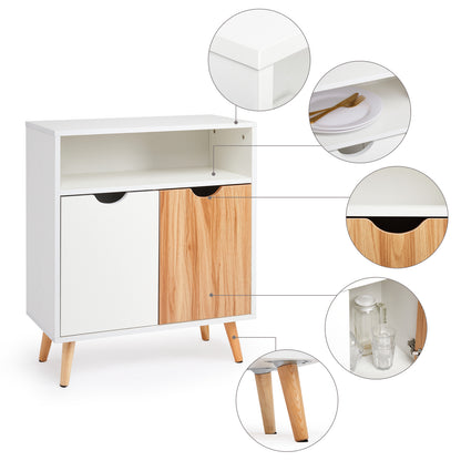 Storage Cabinet, White and Oak, with 2 Doors, Solid Wood Legs