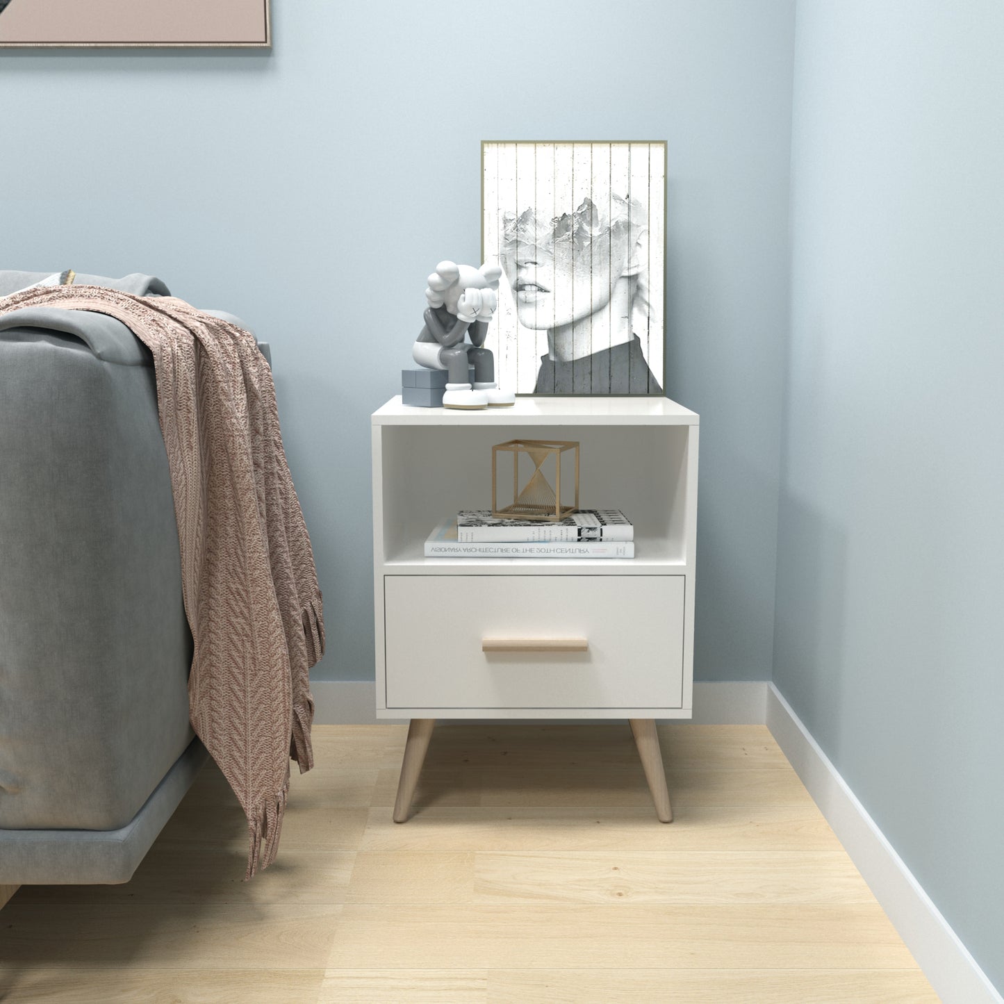 Modern Storage Cabinet, White Color, Single Storage Unit and Drawer
