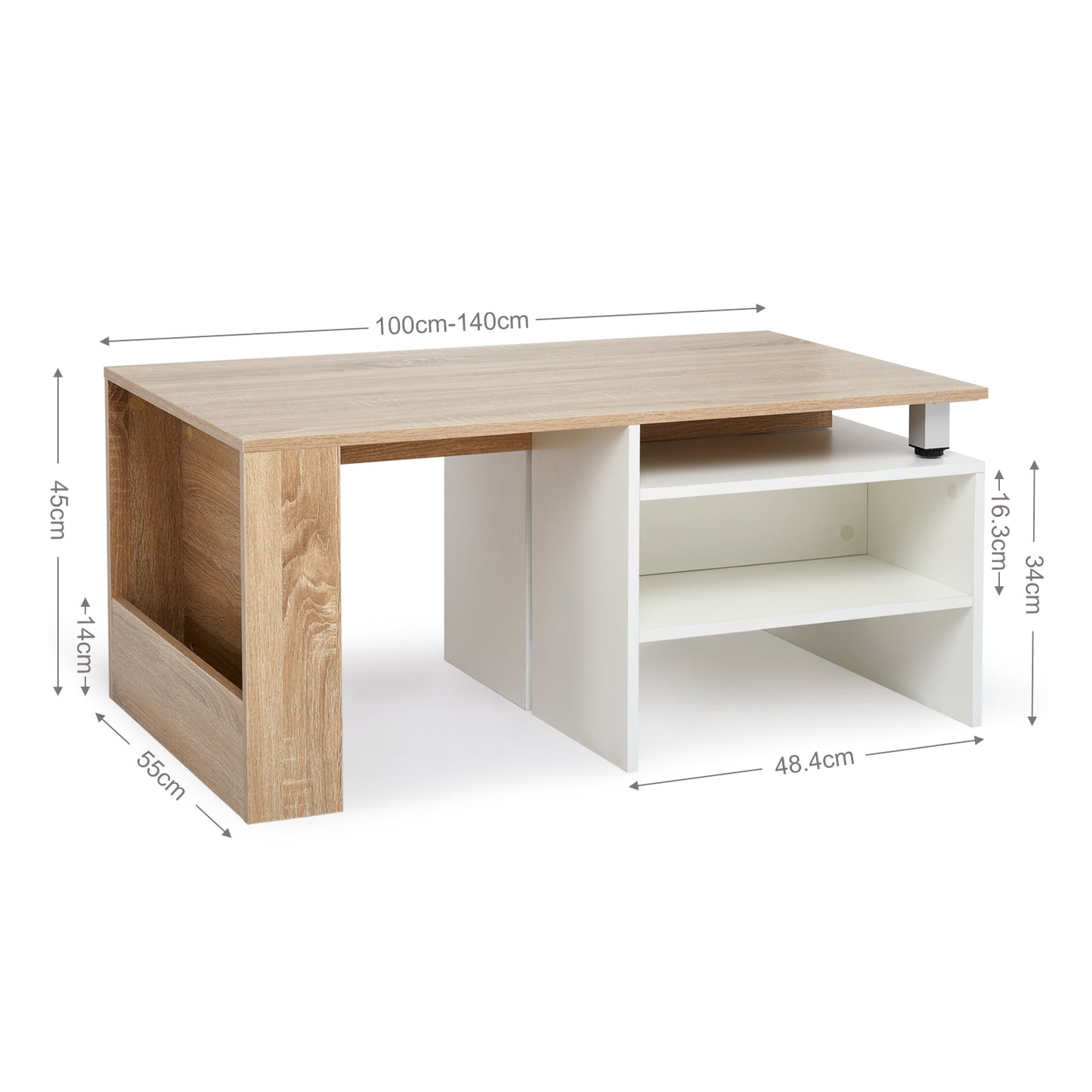 Wood Modern Coffee Table, White and Oak Color, Extendable Adjustable Direction
