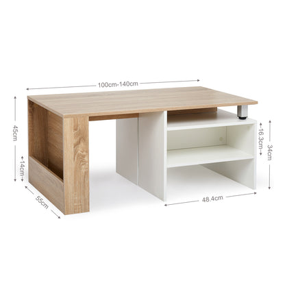 Wood Modern Coffee Table, White and Oak Color, Extendable Adjustable Direction