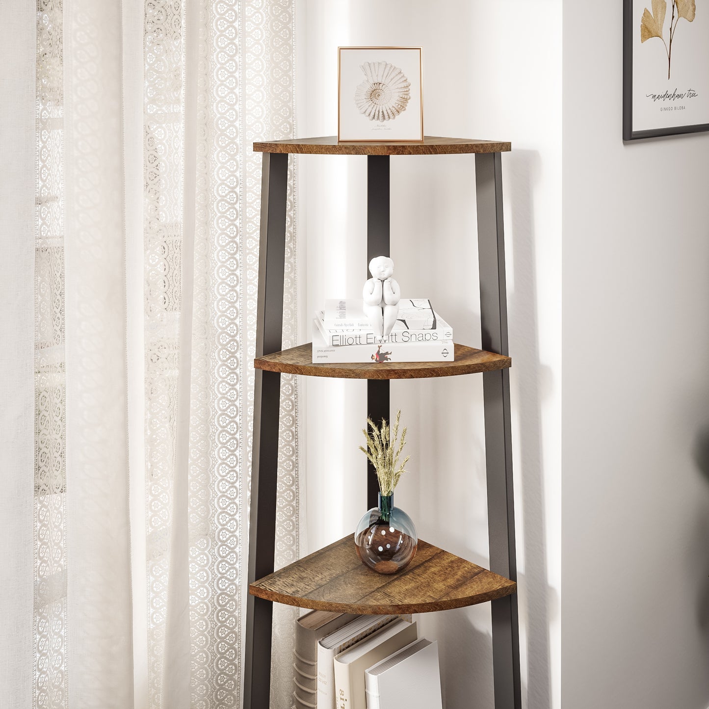 Corner Ladder Shelf, Antique Wood Grain Color, Four-layer Open Design