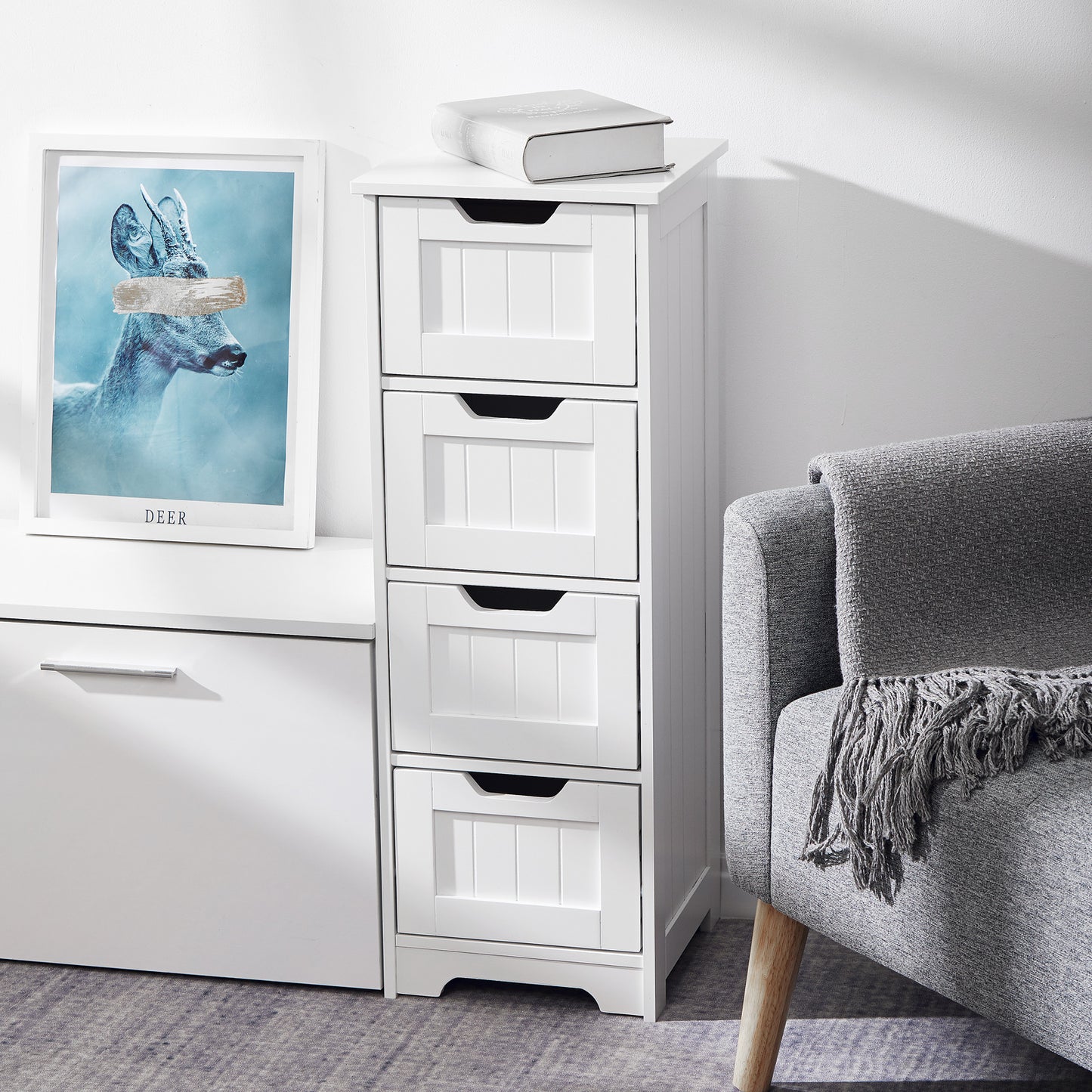 Simple Bathroom Cabinet, White Color, Single Raw and 4 Drawers