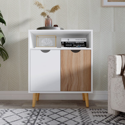 Storage Cabinet, White and Oak, with 2 Doors, Solid Wood Legs