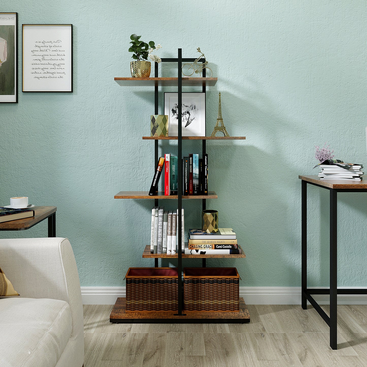 Bookcase, Brown, 5 Tier Asymmetric Split Level Storage Shelf