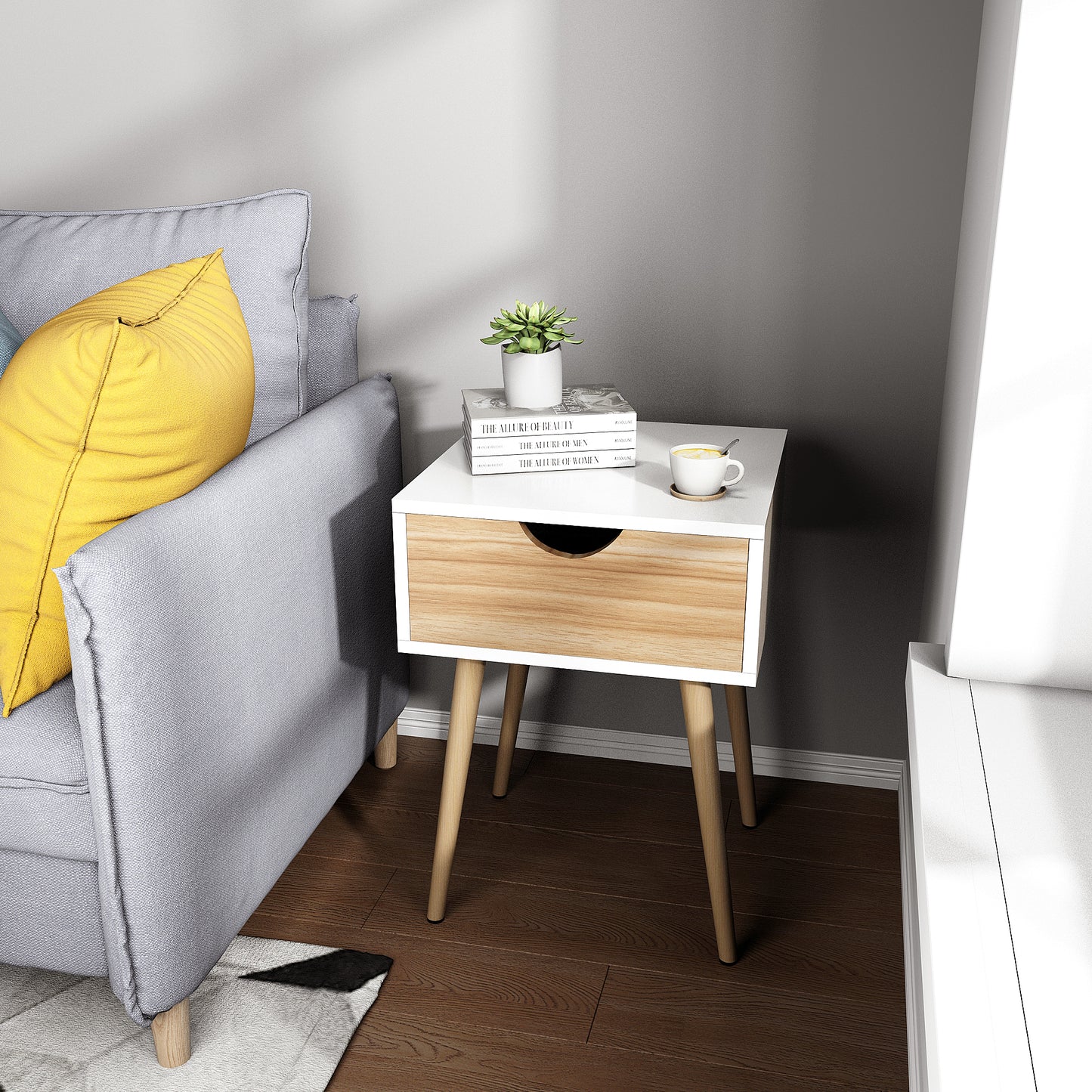 Modern Storage Cabinet, White and Oak Color Matching, Single Drawer