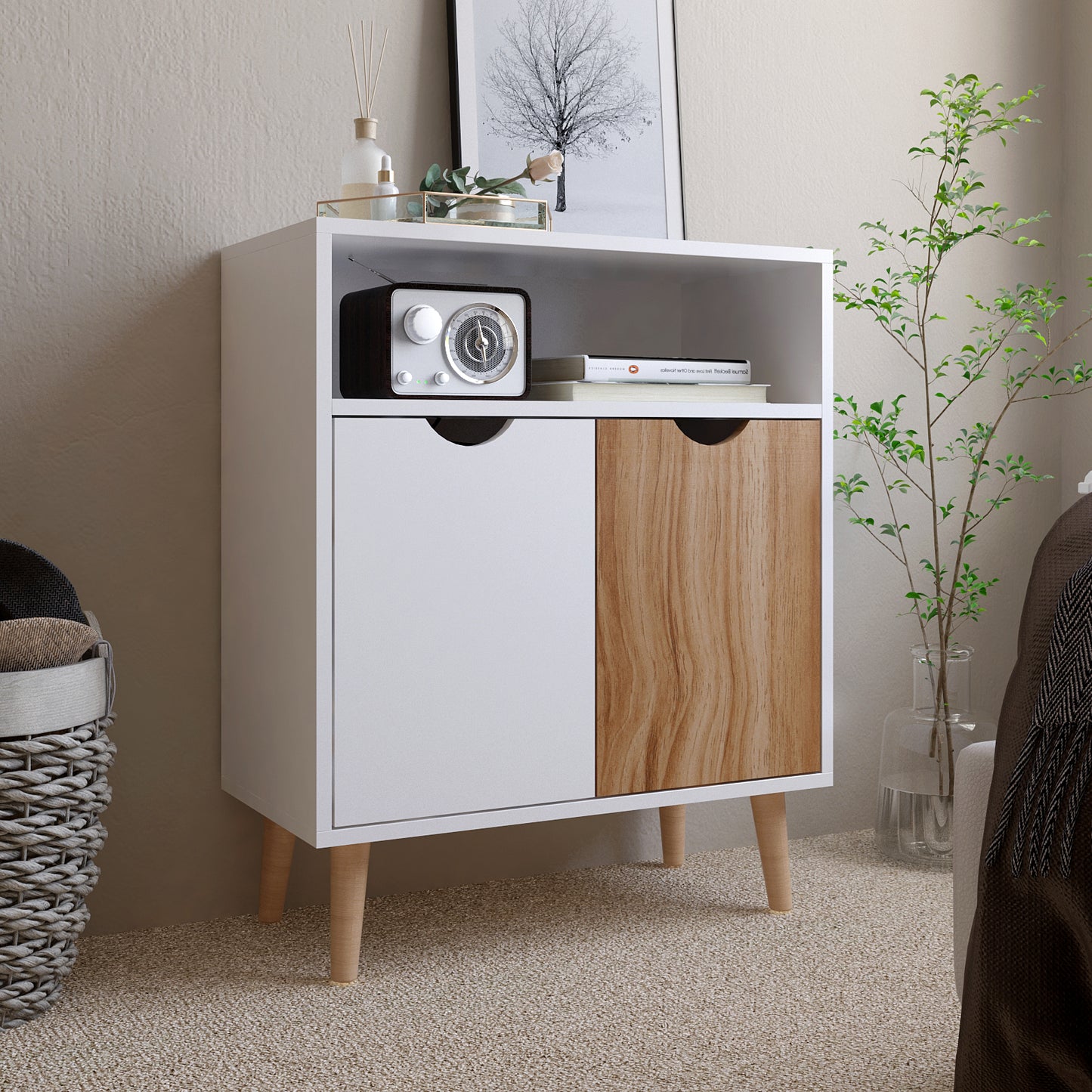 Storage Cabinet, White and Oak, with 2 Doors, Solid Wood Legs