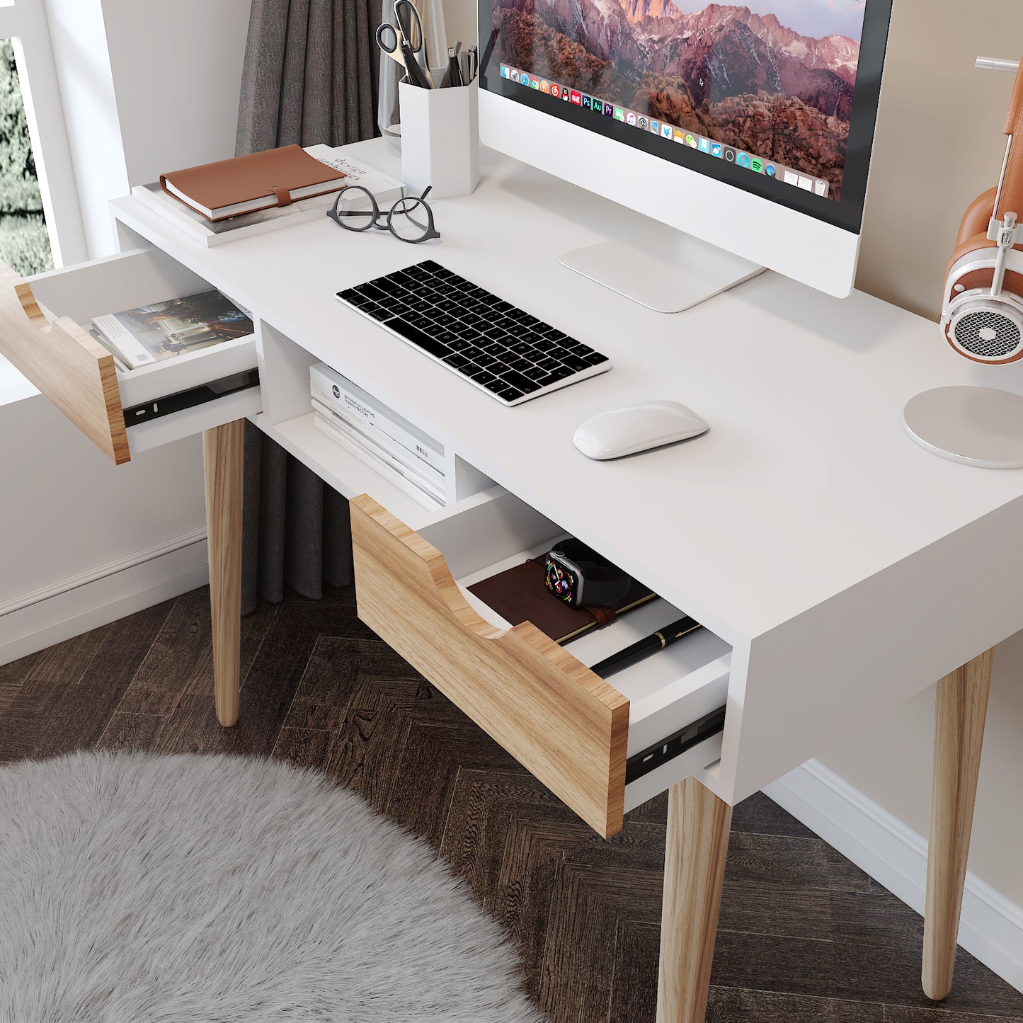 Desk Computer Table¡ê?White and Oak¡ê?with 2 Drawers 1 Storage Unit