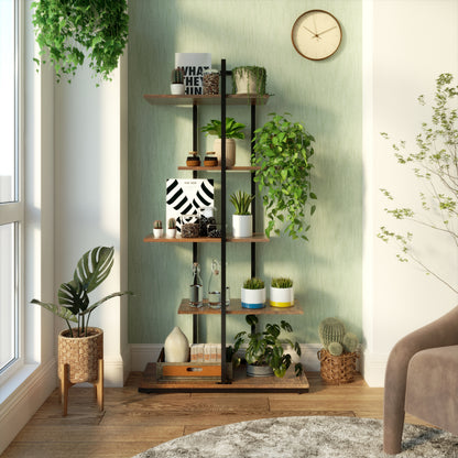 Bookcase, Brown, 5 Tier Asymmetric Split Level Storage Shelf