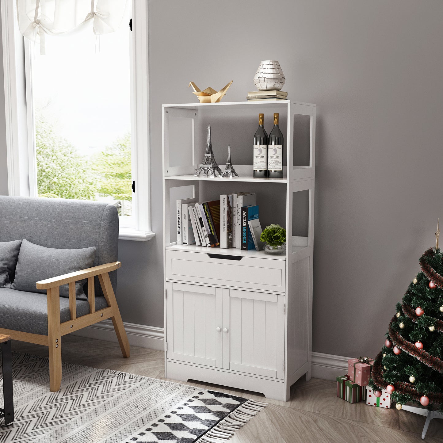 Simple Bathroom Cabinet, White Color, The Upper Open Space, Single Drawer and Door
