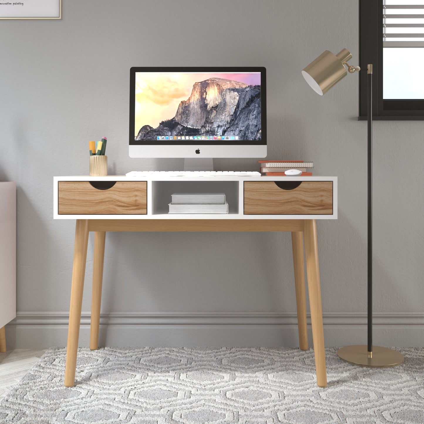 Desk Computer Table¡ê?White and Oak¡ê?with 2 Drawers 1 Storage Unit