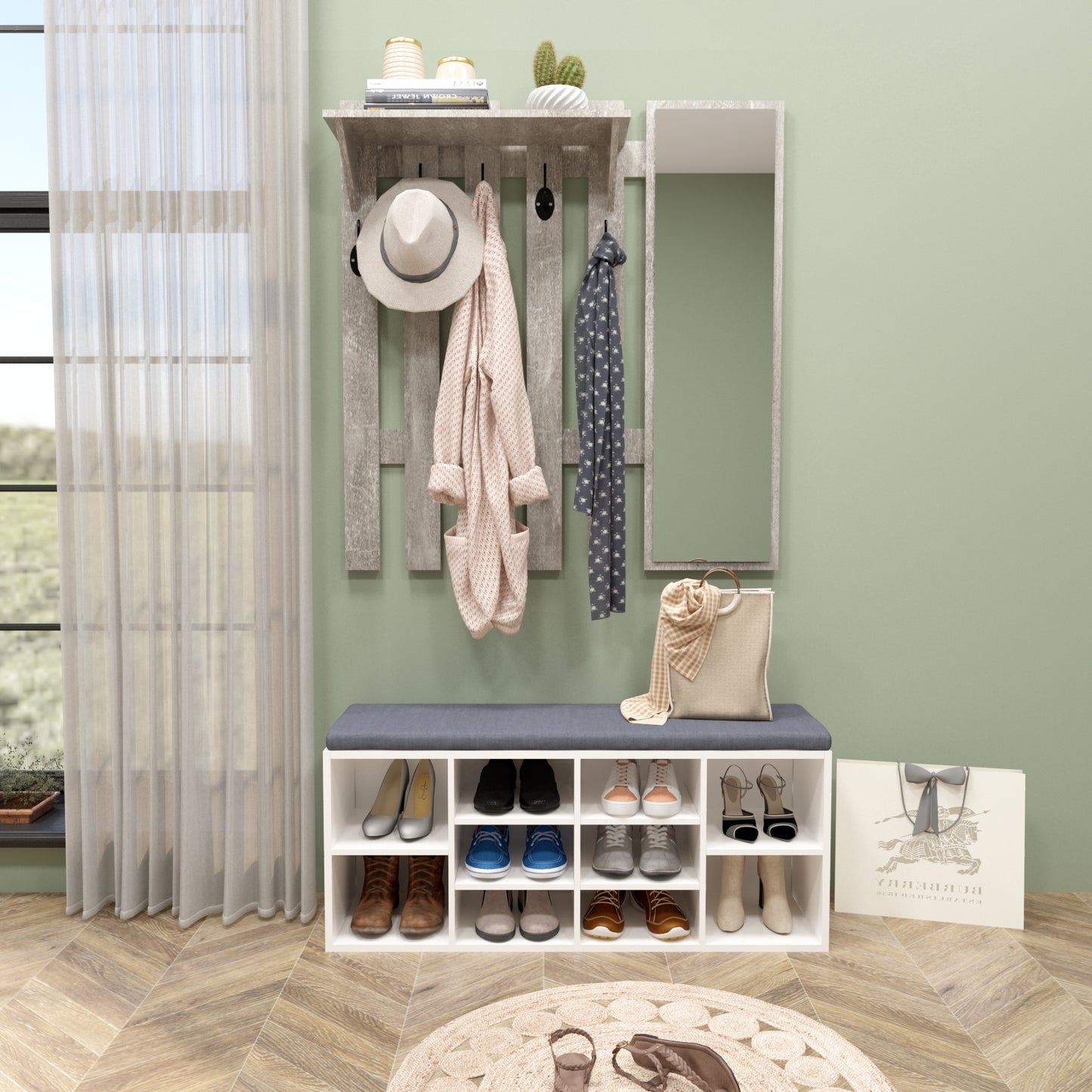 Wall-Mounted Coat Rack, Grey, with Mirror and 5 Hooks