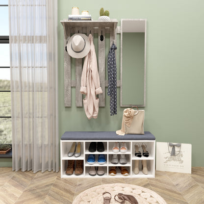Wall-Mounted Coat Rack, Grey, with Mirror and 5 Hooks