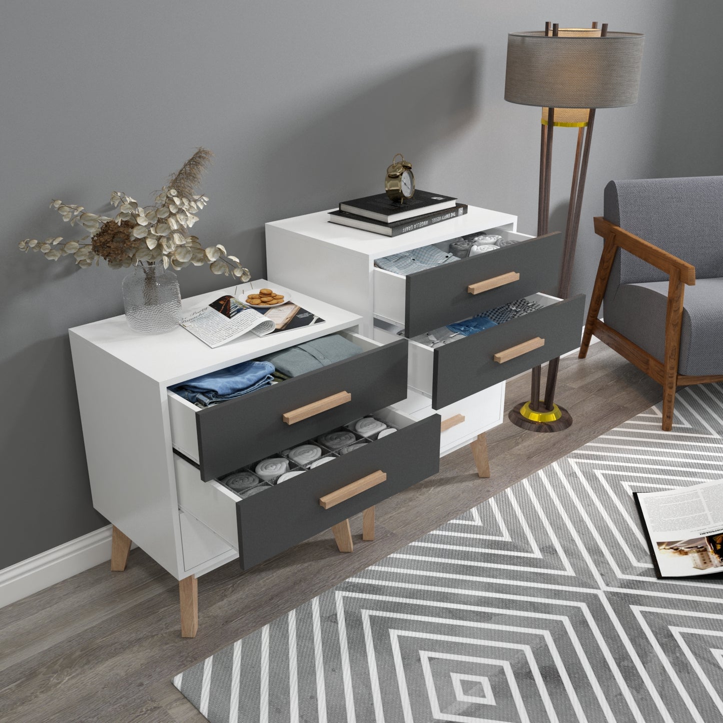 Storage Cabinet, White and Grey, with 4 Drawers