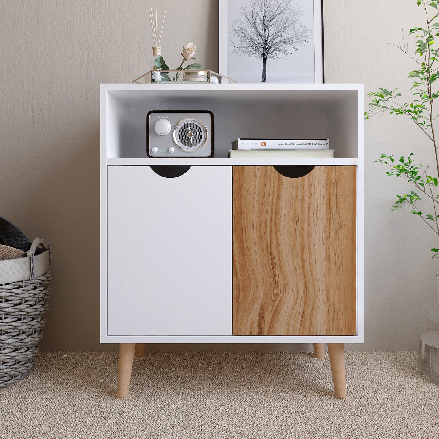Storage Cabinet, White and Oak, with 2 Doors, Solid Wood Legs