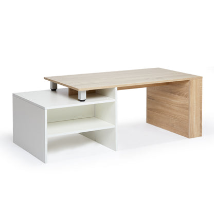 Wood Modern Coffee Table, White and Oak Color, Extendable Adjustable Direction