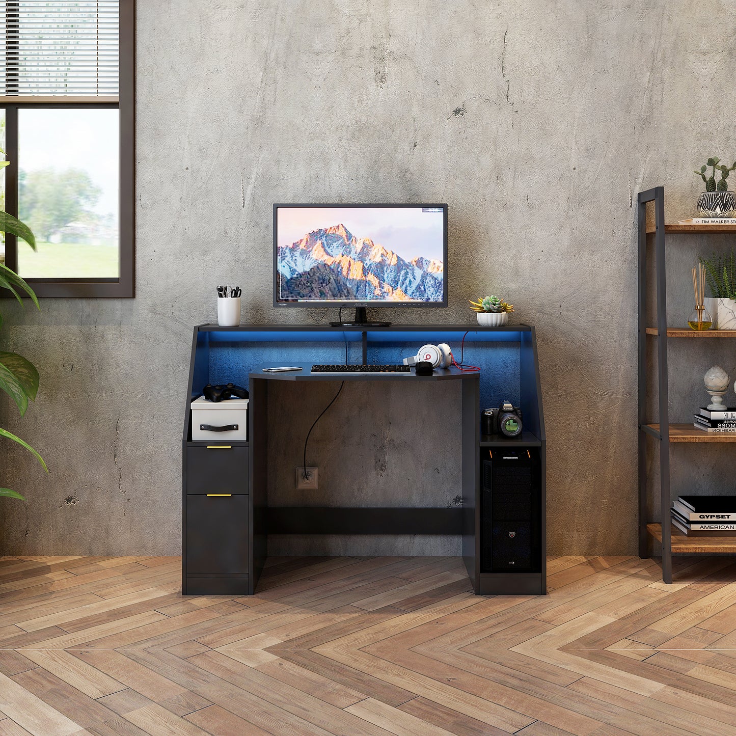 LED Computer Table, Black colour, with 2 Doors