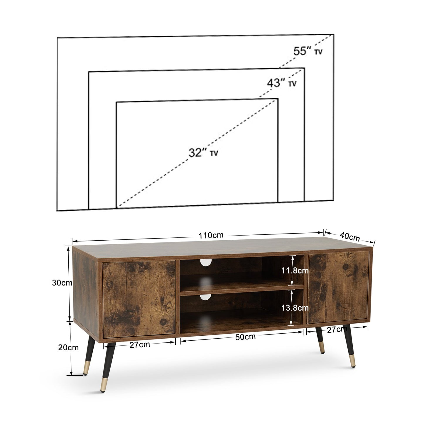 Retro and Industrial TV Cabinets, Antique Wood Grain Color, Double Doors