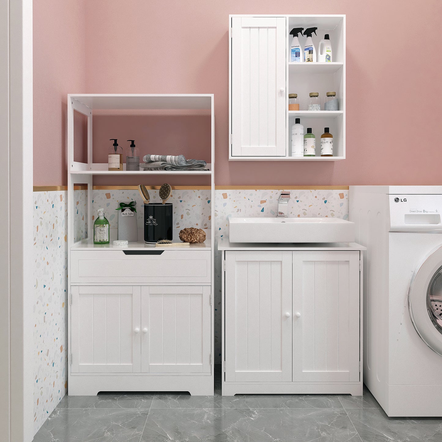 Simple Bathroom Cabinet, White Color, The Upper Open Space, Single Drawer and Door