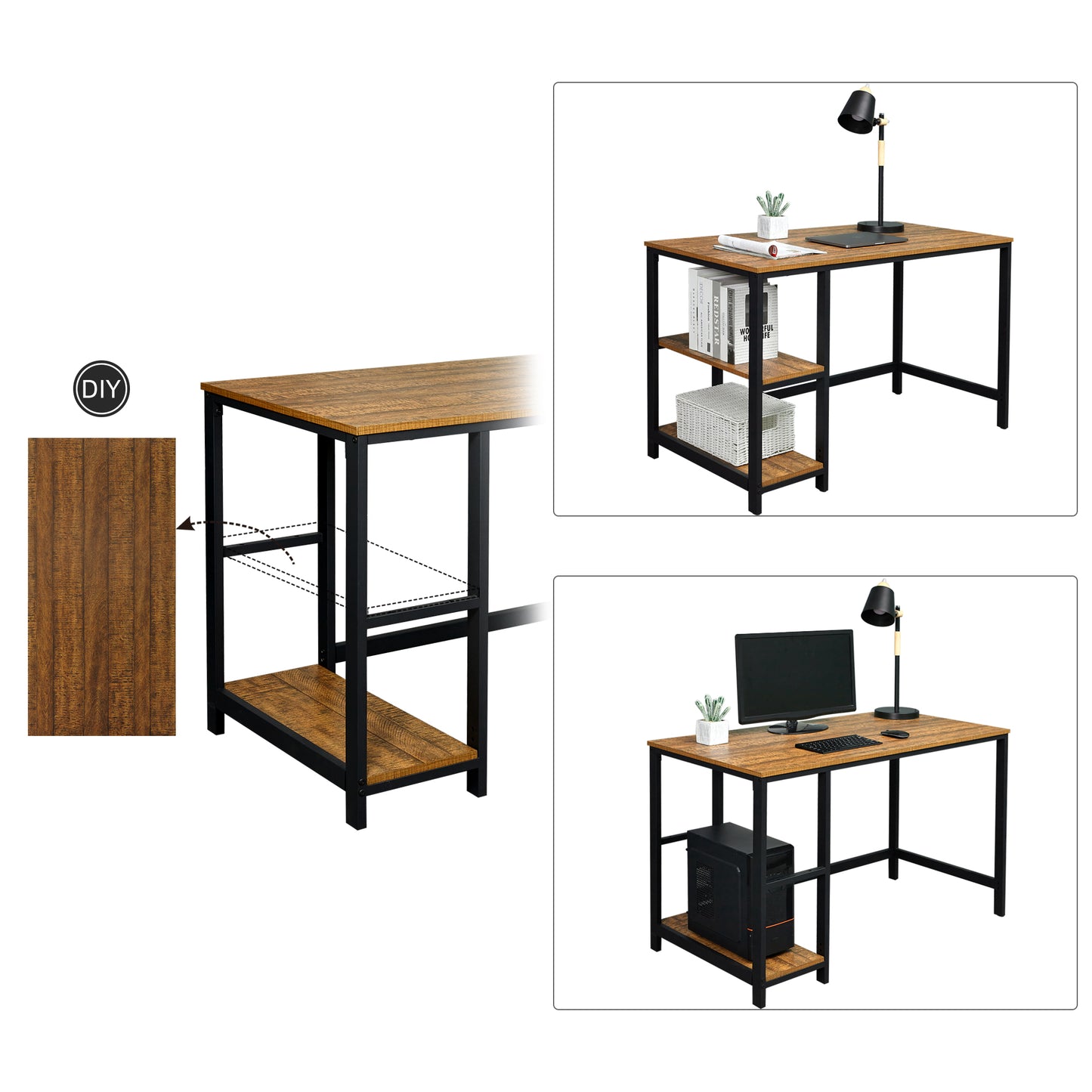 Retro Industrial Computer Table for Home Office, with Open Storage Spaces