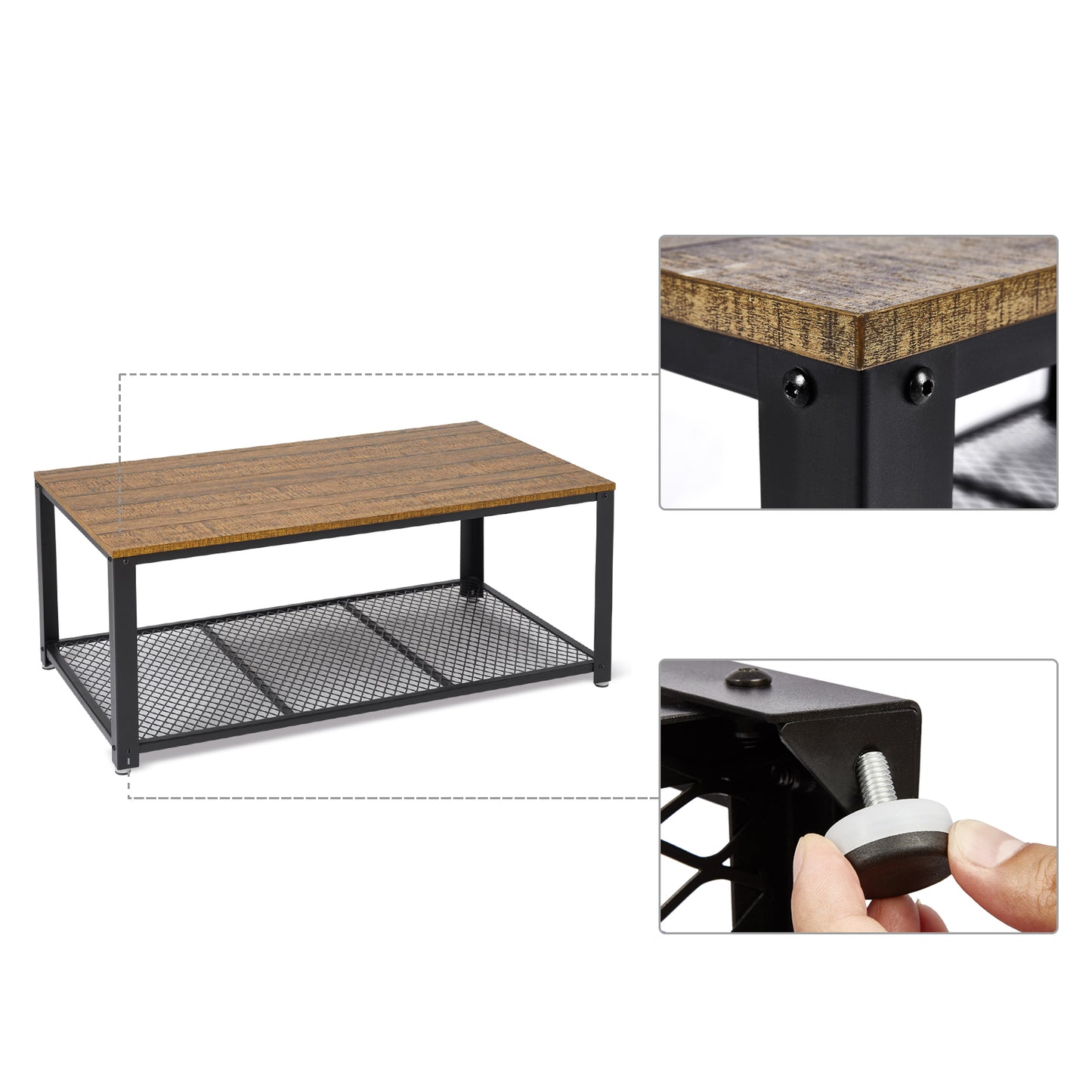 Retro Industrial Coffee Table, Antique / Warm Grey Wood Grain Color