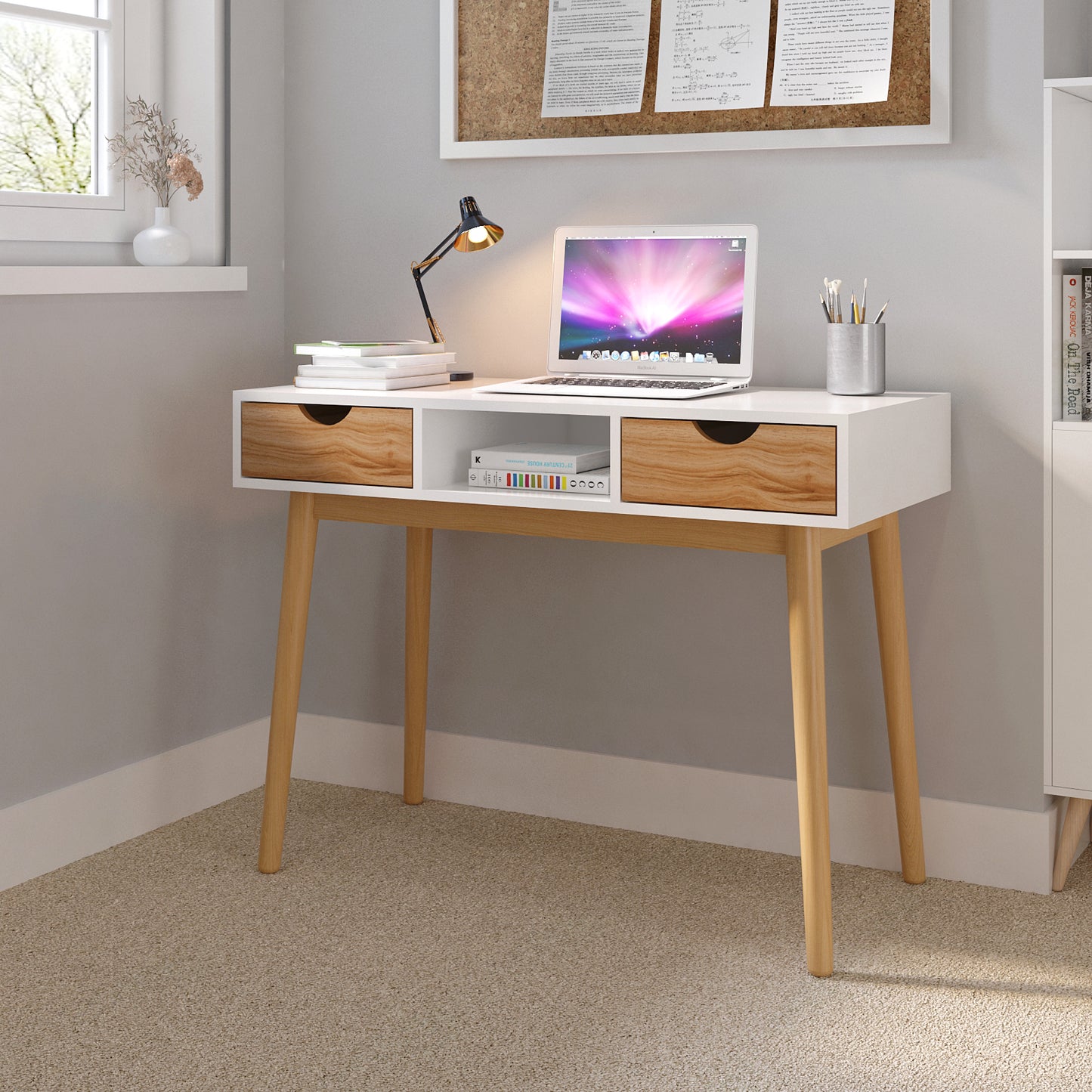 Desk Computer Table¡ê?White and Oak¡ê?with 2 Drawers 1 Storage Unit