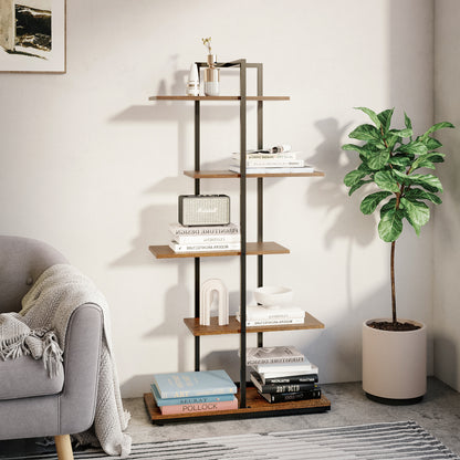 Bookcase, Brown, 5 Tier Asymmetric Split Level Storage Shelf