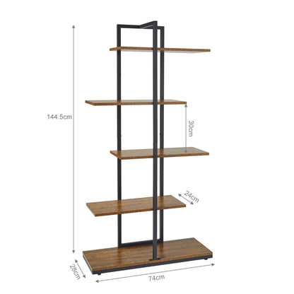 Bookcase, Brown, 5 Tier Asymmetric Split Level Storage Shelf