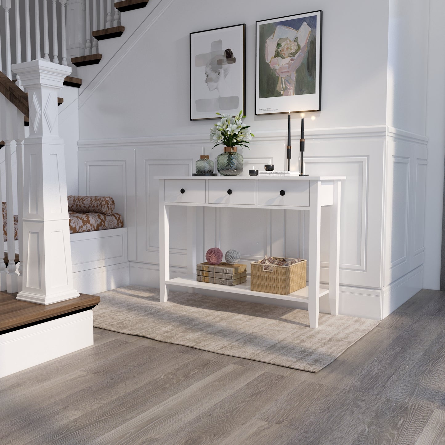 Minimalist Style Console Table,White Wooden Color, with 2/ 3 Drawers