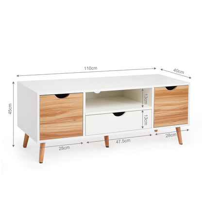 TV Cabinet, White and Oak, with 2 Shelves, 1 Drawer, 1 Shelf